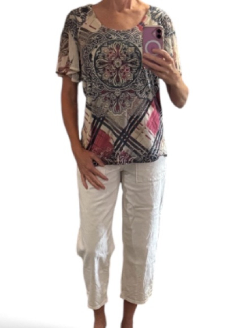 Christopher & Banks Medallion Short Sleeve Tee in cream/navy/deep pink.